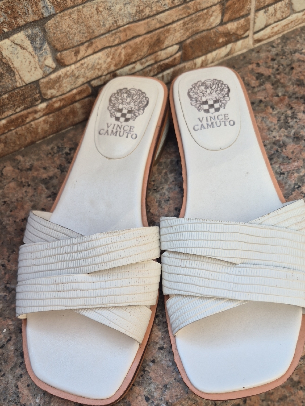 Vince Camuto Ivory Textured Crossover Slide Sandals